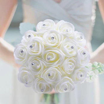 10-30 adet Beyaz Yeşil PE Köpük Gül Buket yapay çiçek Elmas Düğün Buket Parti Ev Dekorasyon Sahte Çiçekler