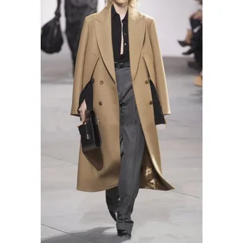 100 % Gerçek Resim Kadın Deve Yün Uzun Palto 2 Yolları Giymek Sıcak Kalın Iş Nedensel Günlük Ceket Kruvaze Kostüm