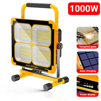 1000W LED Taşınabilir Şarj Edilebilir Güneş Projektör Spot Akülü Projektör Açık Çalışma Lambası kamp feneri