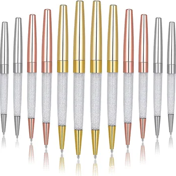 12 Adet Gül Altın Kalem Bling Elmas Kalemler Güzel Siyah Mürekkep Kristal Tükenmez Kalem Yüzük Düğün Ofis metal bilye Kalem Hediye