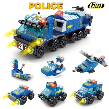 147 Adet 6 İN 1 Şehir Polis Kamyon Araba Yapı Taşları Setleri DIY Rakamlar Brinquedos Tuğla Eğitici Oyuncaklar Çocuklar için