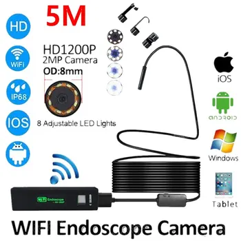 2/5/10M WİFİ Endoskop Kamera HD 1200P 8mm 8 LED Mini Su Geçirmez Sert Kablo Muayene Kamera Borescope İphone PC IOS
