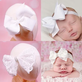 2 adet Beyaz Renk Kristal Yay Bebek Kız Bantlar saç aksesuarları El Yapımı Elastik Kafa Bandı Yürüyor Bebek Çiçek Kafa Bandı
