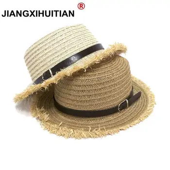 2018 Sıcak Satış + Düz üst hasır şapka Yaz Bahar kadın gezisi kapaklar eğlence Kemer plaj güneş şapkaları Rafya Saçak hasır şapka chapeau