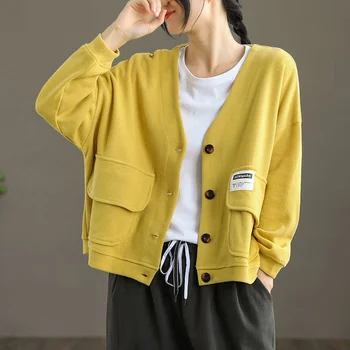 2021 Bahar Yeni Sanat Stil Kadın Uzun Kollu Gevşek Kısa Palto Çift Cep V Yaka Tek Göğüslü Rahat Ceket V465