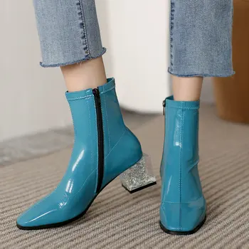 2021 Yeni Sonbahar Koyun Derisi Kadın yarım çizmeler Moda Kristal Kalın Yüksek Topuk Fermuar kısa çizmeler Bayanlar Kare Ayak Kış Ayakkabı