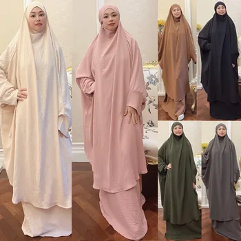 2022 Müslüman Setleri Başörtüsü Büyük Salıncak Düz Renk Elbise takım kıyafet Abaya Dubai Türkiye Müslüman Başörtüsü Elbise İslam Giyim