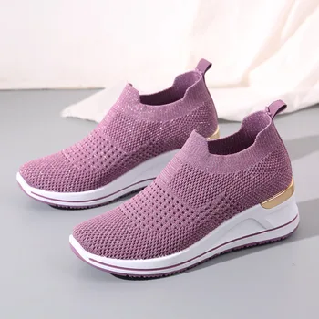 2022 Streç Örgü Örme Çorap Ayakkabı Yaz Ayakkabı Kadın Platformu Loafer'lar üzerinde Kayma Spor Vulkanize Takozlar Ayakkabı Kızlar Bahar