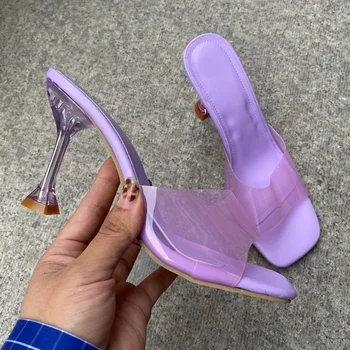 2022 Tarzı Şeffaf PVC Kristal Berraklığında Topuklu Kadın Terlik Moda Yüksek Topuklu Kadın Katır Slaytlar Yaz Sandalet Ayakkabı