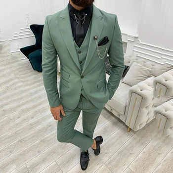2022 Yeni Erkek Takım Elbise Slim Fit Düğün Damat Giyim Tepe Yaka Bir Düğme takım elbise Erkek Blazer (Ceket + Pantolon + Yelek)kostüm Homme