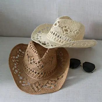2023 Batı kovboy şapkası Vintage El Yapımı Hasır şapka Kadın Erkek Bayanlar Beyefendi Caz Kap Katlanabilir plaj şapkası güneş şapkaları balıkçı şapkası