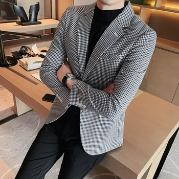 2023 İngiliz Retro Tarzı Ceket erkek Slim Fit Damalı Tek göğüslü Takım Elbise erkek İş Rahat Ofis Takım Elbise Ceket