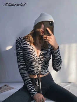 2023 Kadın Kısa Kırpılmış Pilili T-Shirt Yeni Bahar Sonbahar Uzun Kollu T Gömlek Kadınlar Seksi V Yaka Zebra Desen Dip Gömlek