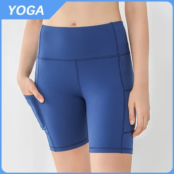 2023 Kadın Yeni Yüksek Bel Yoga Şort Spor bisiklet pantolonları Katı Cep Sıkı Kapriler Kadın