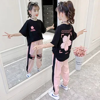 2023 kız Elbise Çocuk spor elbise Genç eşofman gevşek çiçek t gömlek tops + Ayak Bileği bağlı pantolon çizgili