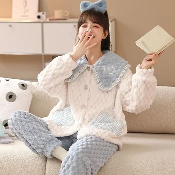 2023 Kış kadın Mercan Kadife Pijama Seti Sevimli Karikatür Yastıklı Uzun kollu Pantolon Pijama Kadın Pazen Ev Giysileri.