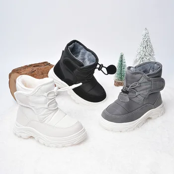 2023 Kış Yeni çocuk Düz Renk Kar Botları Peluş ve Kalınlaşmış Rüzgar Geçirmez Sıcak Erkek ve Kız Kayak ayakkabıları