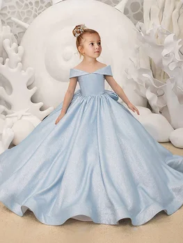 2023 Mavi Çiçek Kız Elbise Zarif Prenses Saten Balo Çocuklar İçin doğum günü partisi elbisesi Basit Yay İlk Communion Elbise
