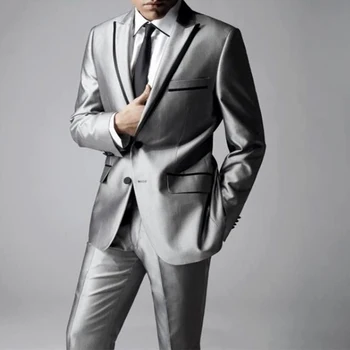 2023 Son Groomsmen Gri Saten Damat Smokin Doruğa Yaka Erkek Takım Elbise Düğün / Balo En İyi Erkek Blazer 2 Adet (ceket + Pantolon + Kravat )