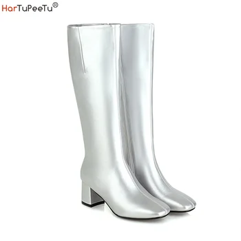 2023 Sonbahar Kış Orta Buzağı Çizmeler Kadın Beyaz Siyah Gümüş PU Deri binici çizmeleri Yüksek Topuk Artı Boyutu 18 Ayakkabı Bota Feminina