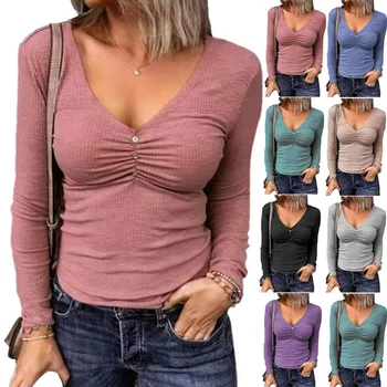 2023 Sonbahar ve Kış T-shirt Yeni Çukur Şerit Düz Renk İnce V Yaka Uzun kollu kadın Gömlek Üst