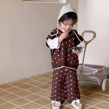 2023 Sonbahar Yeni Çocuk Giyim Seti Polka Dot Kazak Bebek Kız Kolsuz Yelek Ceket + Pantolon 2 adet Takım Elbise Çocuklar Rahat Kıyafetler