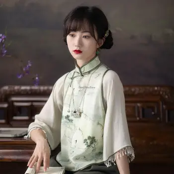 2023 sonbahar çin tarzı geleneksel hanfu üst baskı cheongsam oryantal bluz büyük kollu festivali parti elbise qipao üst