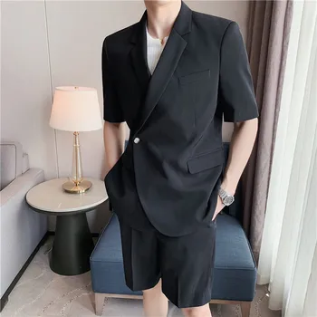 2023 Takım Elbise erkek Moda Düz Renk İş günlük giysi Erkekler Streetwear Vahşi Gevşek Kore Şort Takım Elbise Erkek Yaz S-2XL