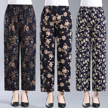 2023 Yaz kadın pantolonları Kadın Gevşek Rahat Yüksek Bel Düz Pantolon İnce Çiçek Baskı Ayak Bileği Uzunluğu Pantolon 3XL 4XL