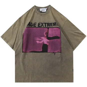 2023 Yaz O-Boyun Mektup Baskılı Kısa Kollu t shirt Sıkıntı Retro Erkek T Shirt Harajuku Büyük Boy Vintage Patchwork T-shirt