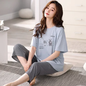 2023 Yaz Pamuk Kısa Kollu Buzağı Uzunluğu Pantolon Pijama Setleri Kadınlar için Kore Sevimli Karikatür Pijama Takım Gecelik Ev Giysileri