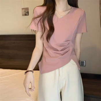 2023 Yaz Yeni Kore Tarzı Moda Sıcak Satış Kadın %100 % Pamuk Özlü Tarzı Saf Renk V Yaka tişört Üst T69