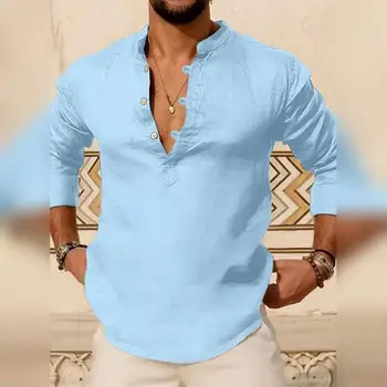 2023 Yeni erkek Casual Bluz Pamuk Keten Gömlek Gevşek Üstleri Uzun Kollu Tee Gömlek İlkbahar Sonbahar Rahat Yakışıklı Erkek Gömlek