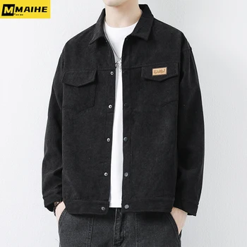 2023 Yeni kadife ceket erkekler Harajuku Vintage Bahar rüzgar geçirmez Uzun kollu yaka gömlek ceket Moda streetwear casual ceket