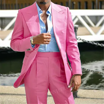 2023 Yeni Pembe Erkek Takım Elbise 2 parça Özel Slim fit Damat Düğün Takımları Elbise Smokin Rahat Büyük Doruğa Yaka Erkek Ceket Pantolon