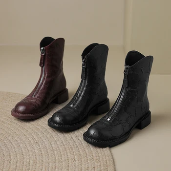 2023 yeni Sonbahar kış Kadın yarım çizmeler doğal deri 22-25cm Kırık inek derisi + domuz derisi modern botlar Retro batı botları