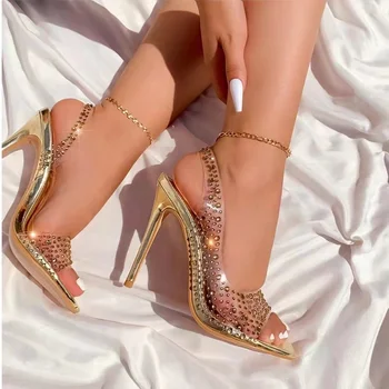 2023 Şampanya Gümüş Altın Kristal Gelin Ayakkabıları Temizle Rhinestone Slingback Parti Sandalet Burnu açık Parlak Topuklu Lüks Sandalet