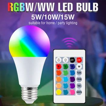220 V E27 RGB LED ampul ışıkları 5 W 10 W 15 W RGBWW ışık 110 V LED Lampada değiştirilebilir renkli RGBW LED lamba IR uzaktan kumanda ile