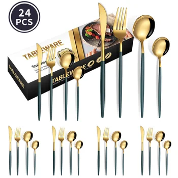 24 Adet Yeni Yeşil Altın hediye Kutusu ile Mutfak Seti Ayna Yemek Takımı paslanmaz çelik sofra Takımı sofra bıçağı Çatal Kaşık Çay Kaşığı