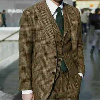 3 Adet Yün Erkek Takım Elbise Balıksırtı Custom Made Erkek Takım Elbise Yün Kalın Modern Smokin Doruğa Yaka Blazer Ceket + Pantolon + Yelek