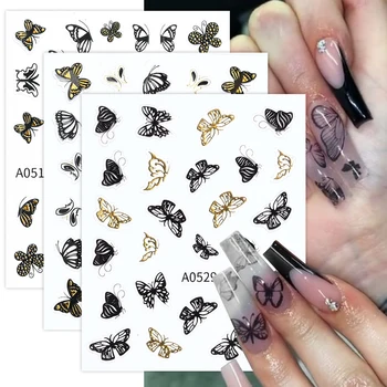 30 adet / takım Siyah Altın Glitter Kelebek 3D Tırnak Sticker Çiçek Rhinestones İle Fransız Desen Tırnak Çıkartmaları DIY Tırnak Sanat Dekorasyon