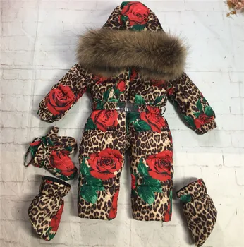 -30 Derece Leopar Bebek Kız Kış Tulum Sıcak 0-4 Yıl Bebek Tulum Bebek Kız Snowsuit Toddler Romper Giyim Ceket
