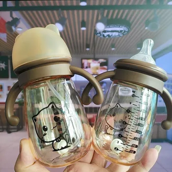 300 ml PPSU Taşınabilir Çift Kolu Bebek Damla geçirmez Bebek Geniş kalibreli Süt saman saplı şişe Yenidoğan Bebek biberon