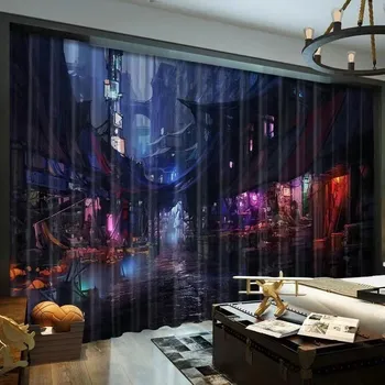 3D Baskı Ucuz Bilimkurgu Fütüristik Kentsel Punk Cyberstyle 2 Adet Gölgeleme Pencere Perdeleri Oturma Odası Yatak Odası için Ev Dekor Kanca