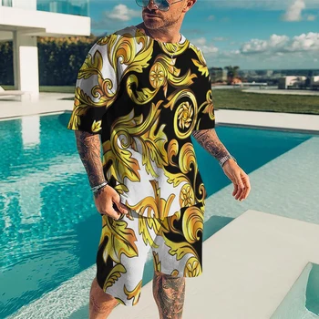 3D erkek Seti kısa kollu tişört Moda Sokak spor seti erkek Plaj Tatil Giyim Hip Hop Seti Büyük Boy