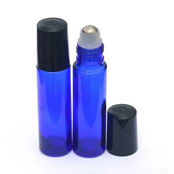 50 adet 10ml Mavi parfüm şişesi uçucu yağ Boş Roll-On Örnek Cam Şişe Siyah Plastik Kapaklı