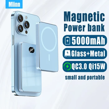5000mAh MagSafe Powerbank Manyetik Kablosuz Güç Bankası Metal Cam QC 3.0 Qi 15W Taşınabilir Harici Pil iPhone 13 12