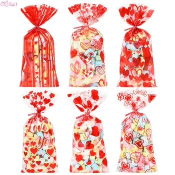 60 adet sevgililer Günü Mix Aşk Kırmızı Kalp Desen Şeker Çanta Aşk Desen Pişirme Ambalaj Hediye Düğün Dekor Dıy plastik kılıf
