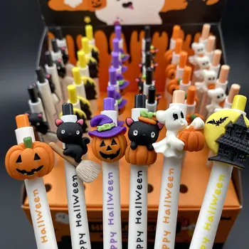 600 Adet Öğrenci Cadılar Bayramı jel Kalemler Hediye Sevimli Silikon Kabak Kedi Hayalet Basın Jel Kalem Siyah İmza Kalemler