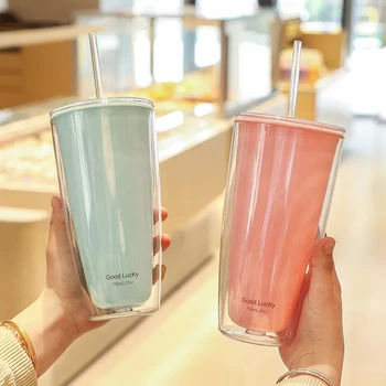 750ML Yeni basit büyük kapasiteli düz renk çift katmanlı plastik bardak ev ofis saman bardak yaz içecekler kahve fincanları su bardakları
